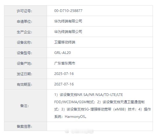 华为三折叠新迭代机型已经入网了，型号 GRL-AL20。有个关键信息，备注里写上