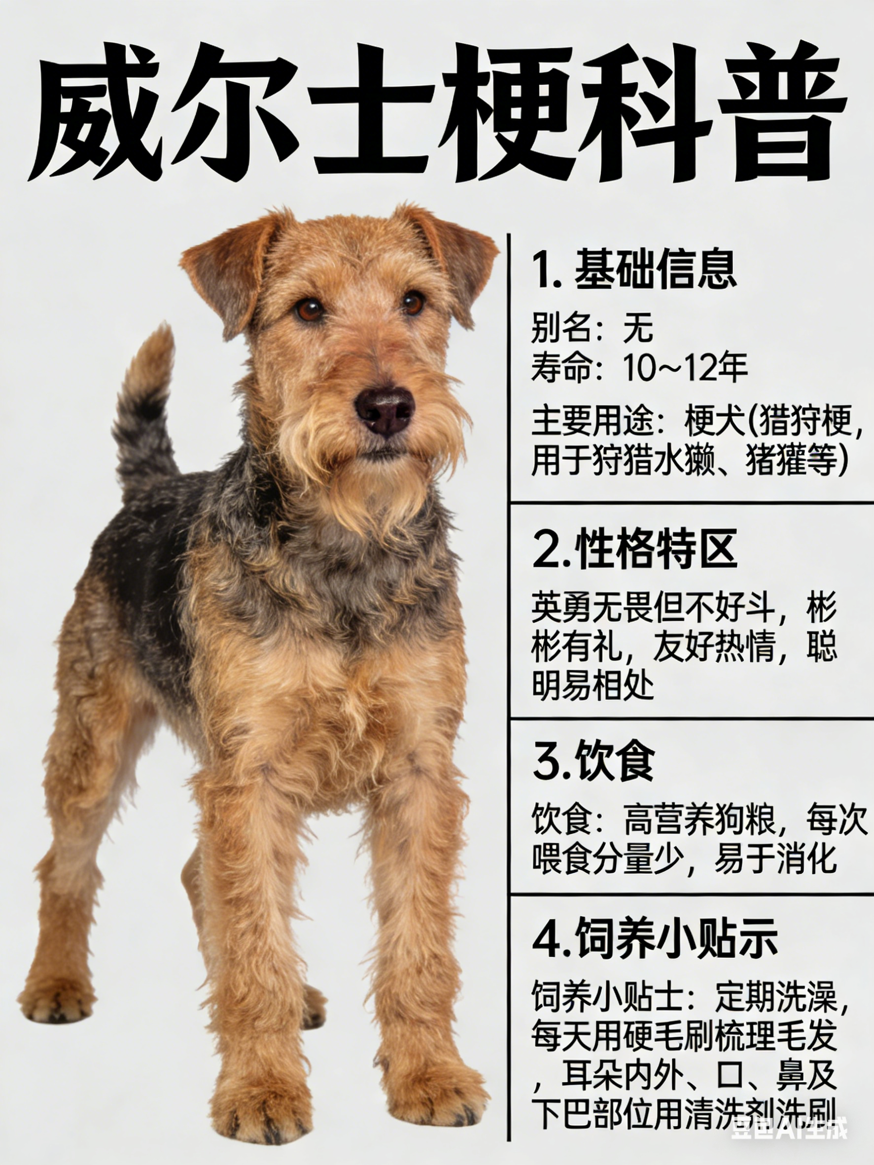 我AI的动物 威尔士梗别名：无寿命：10～12年主要用途：梗犬威尔士梗是一种猎狩