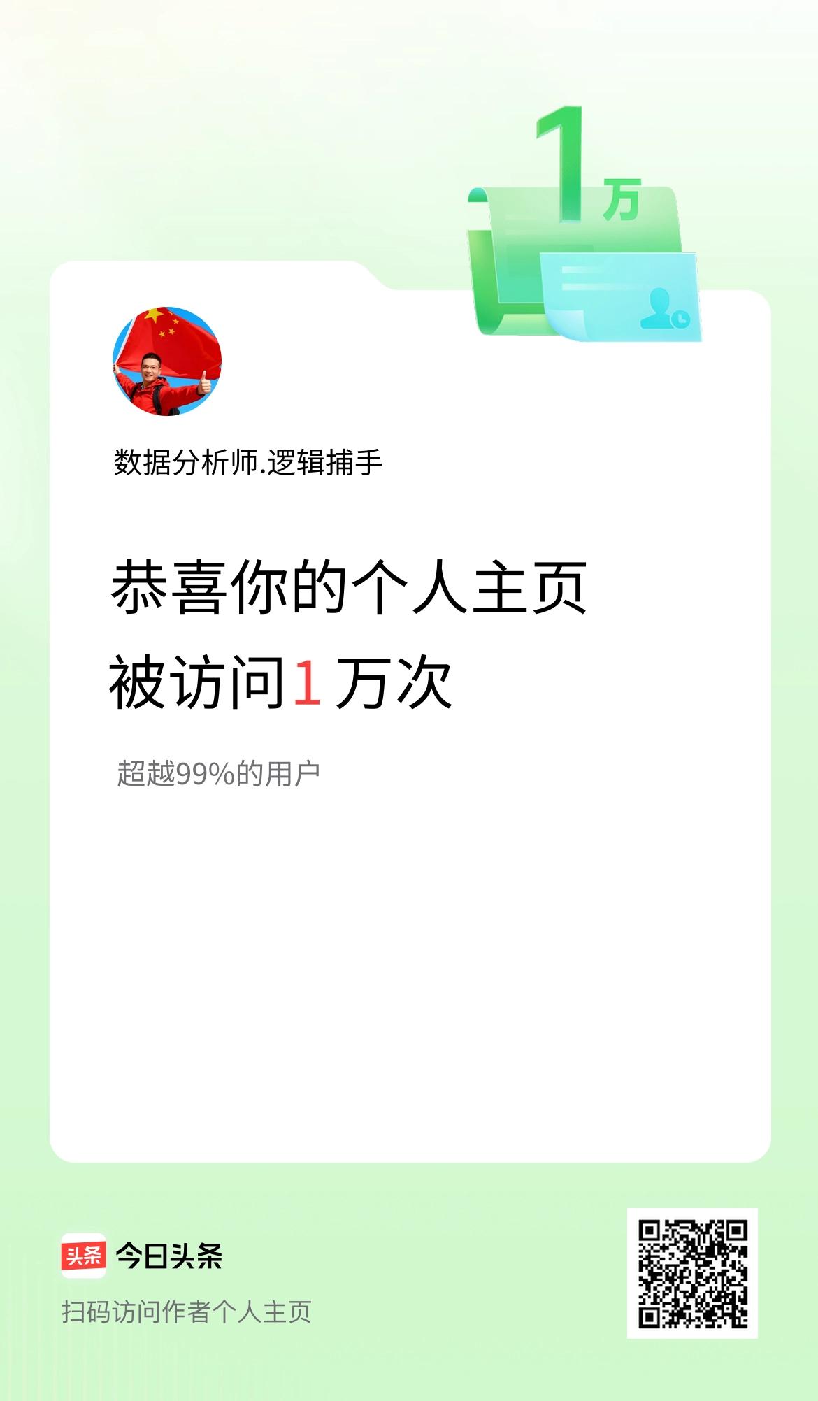 我的头条个人主页被访问1万次啦！
