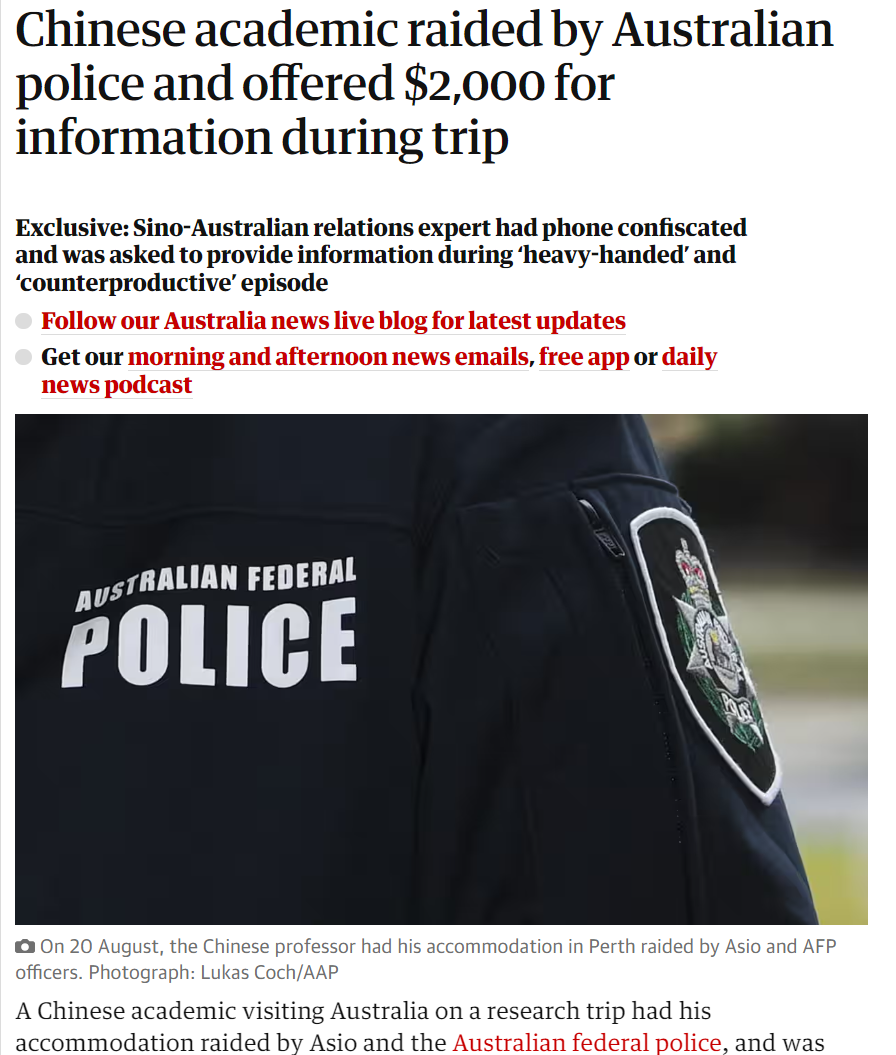 同志们，刚刚发生的事情！不光是去美国有可能被FBI找上门试图招募，去澳大利亚也有