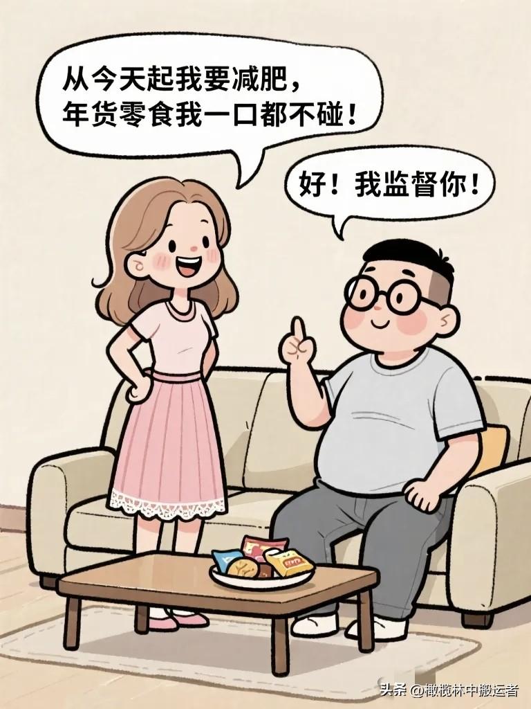 搞笑漫画：老婆宣布：“从今天起我要减肥，年货零食我一口都不碰！” 老公特别支持：