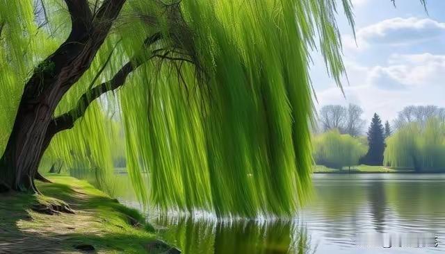 七律：咏柳
一
如烟深邃罩青峦，似雾朦胧染岸滩。
吐翠丝丝揽温暖，织幽簇簇遣清寒