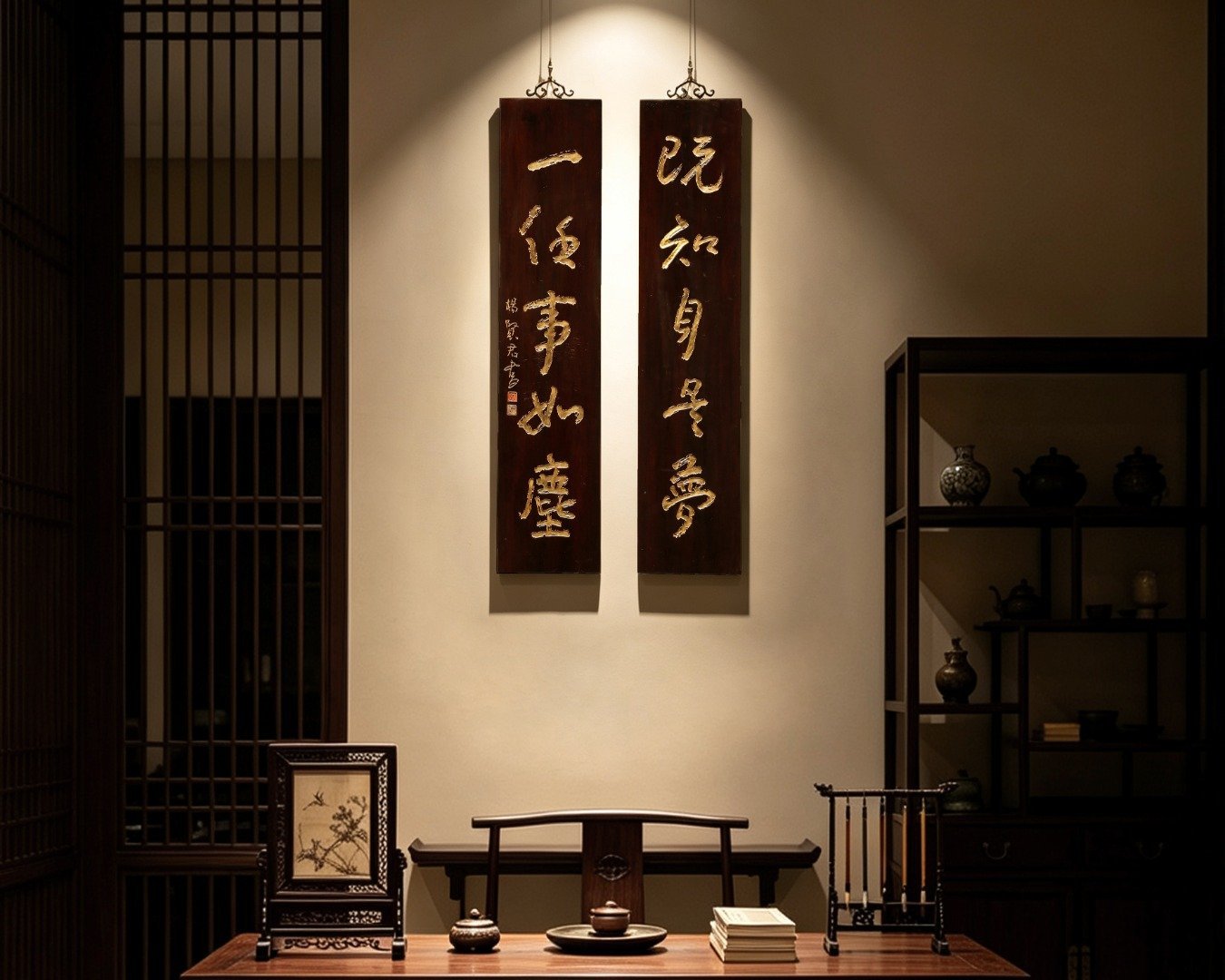 老楠木x金箔 | 五言·对联老楠木新作，纯手工阴阳刻，题识:“既知身是梦，一任事