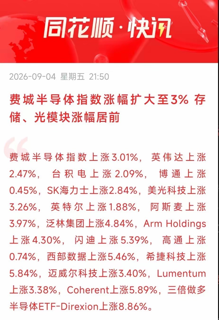 我们白跌了，外围涨疯了！费城半导体指数深夜狂飙3%：存储光模块双主线领涨，三倍做