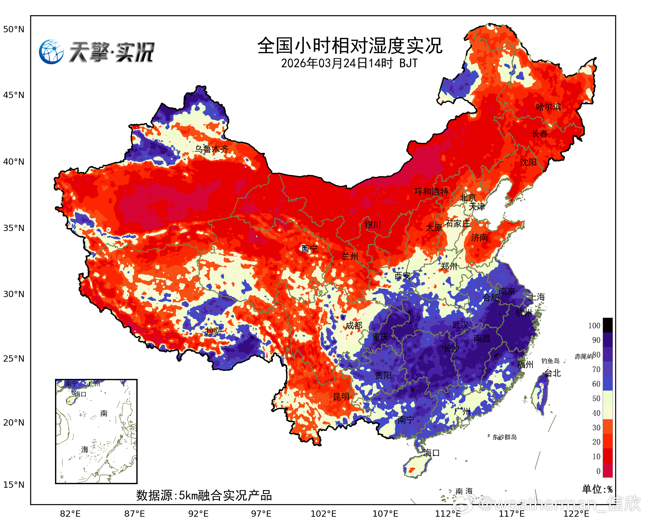【降水和湿度】今天北方多地依然干燥，内蒙古部分站点14时相对湿度不足10%。而在