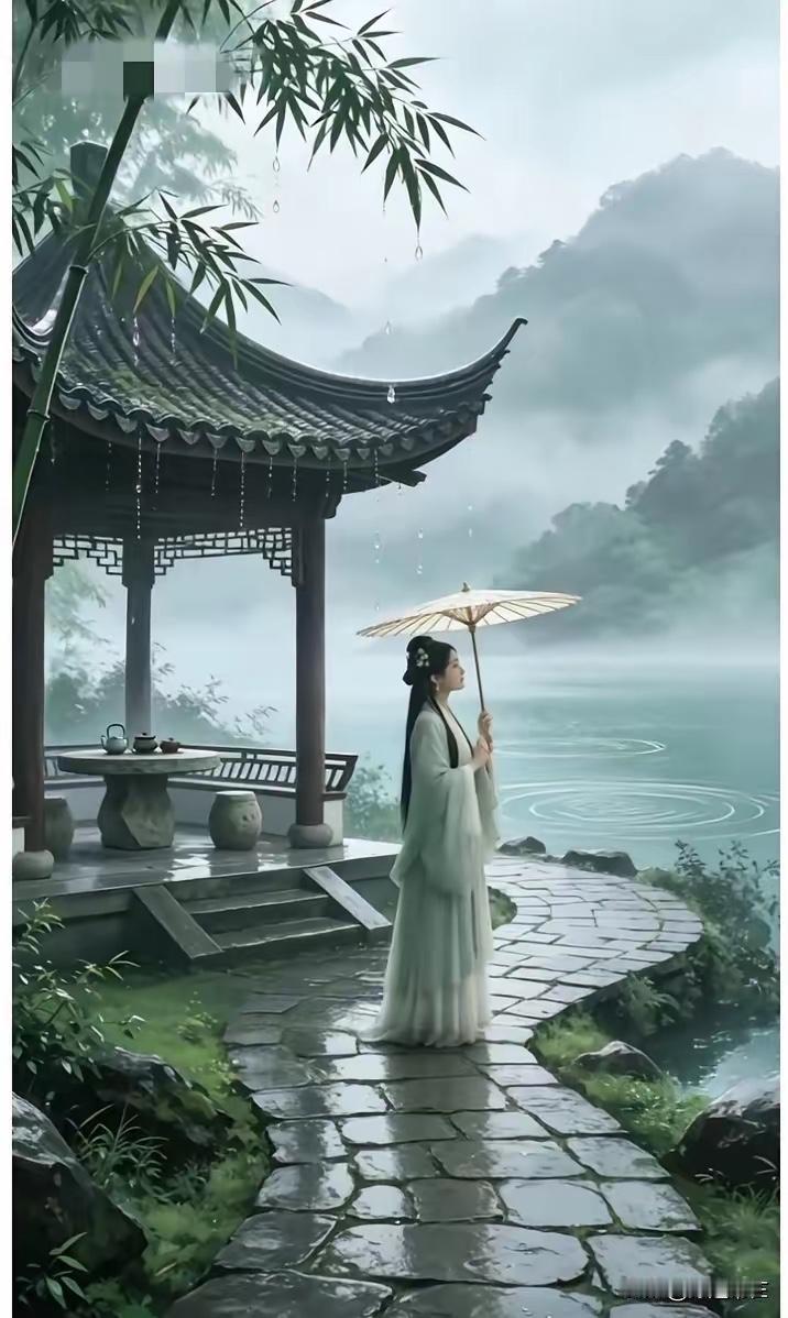 仄平仄仄）伞遮美女，
平仄平平）烟锁平湖。
横批：《美女与平湖》