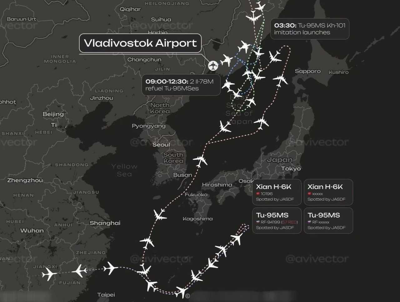 这样子结合着看东大和俄罗斯两国12月9日联合巡航的飞行路线更清楚了。小本子绘制的