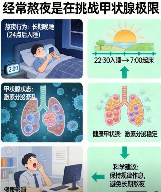 经常熬夜是在挑战甲状腺极限，晚睡的人真的该醒醒了
不少人长期熬夜、晚睡，以为补个
