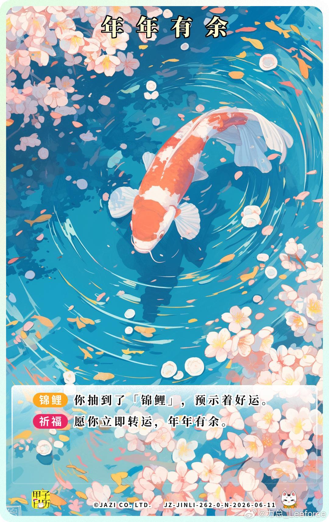 锦鲤 愿你立即转运，年年有余。 