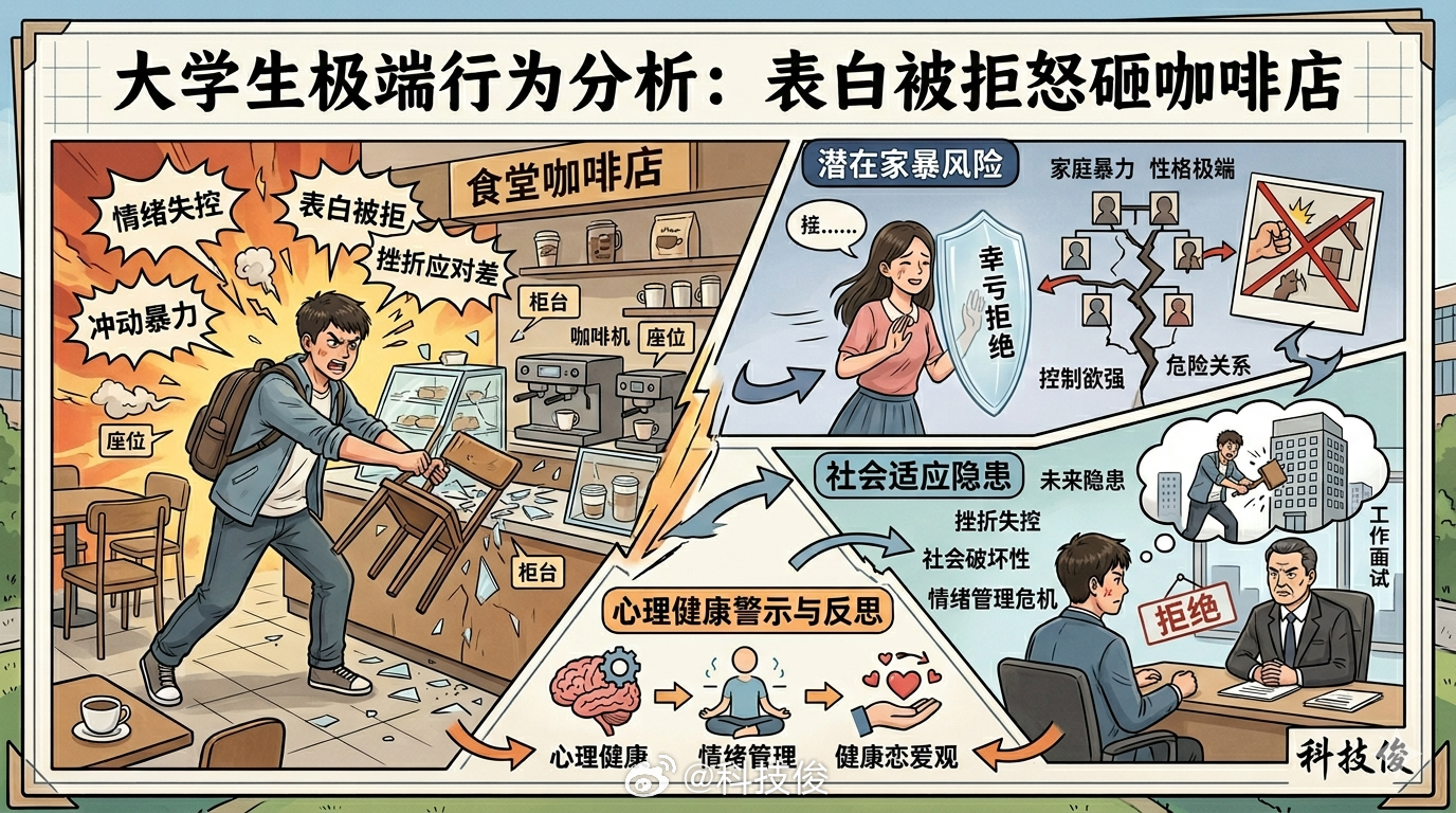 大学生表白被拒后怒砸食堂咖啡店幸亏那个女生没同意，这要是同意了以后还不被家暴，表