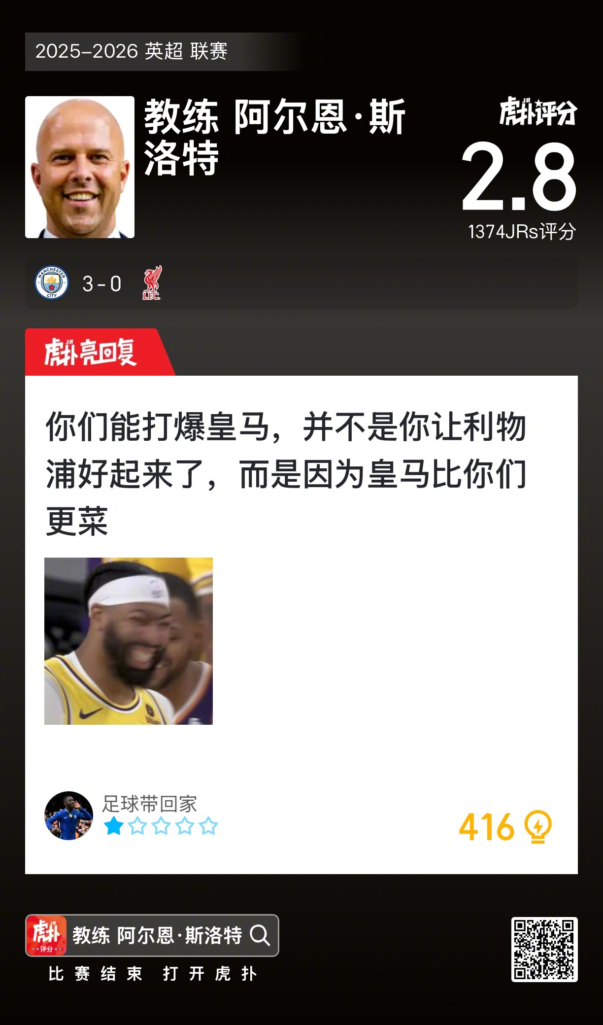 曼城3比0利物浦 斯洛特赛后收获2.8的虎扑评分！ ​​​