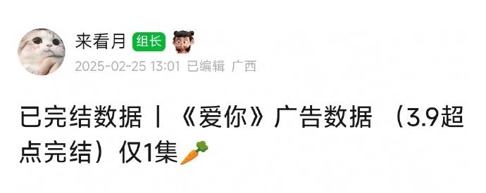 张凌赫，徐若晗爱你网播广告统计，仅有一集🈶🥕，总广告34个，品牌7个，是不是