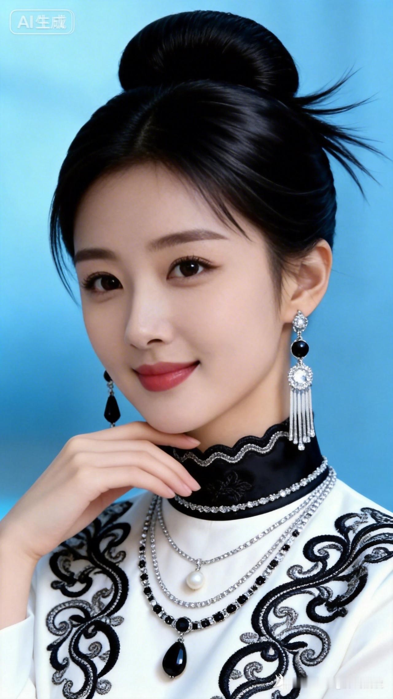 黑白奢雅风，女性半身照，蓬松高束碎盘发，冷缎发丝光泽；白底黑银缠枝提花高领衣，不