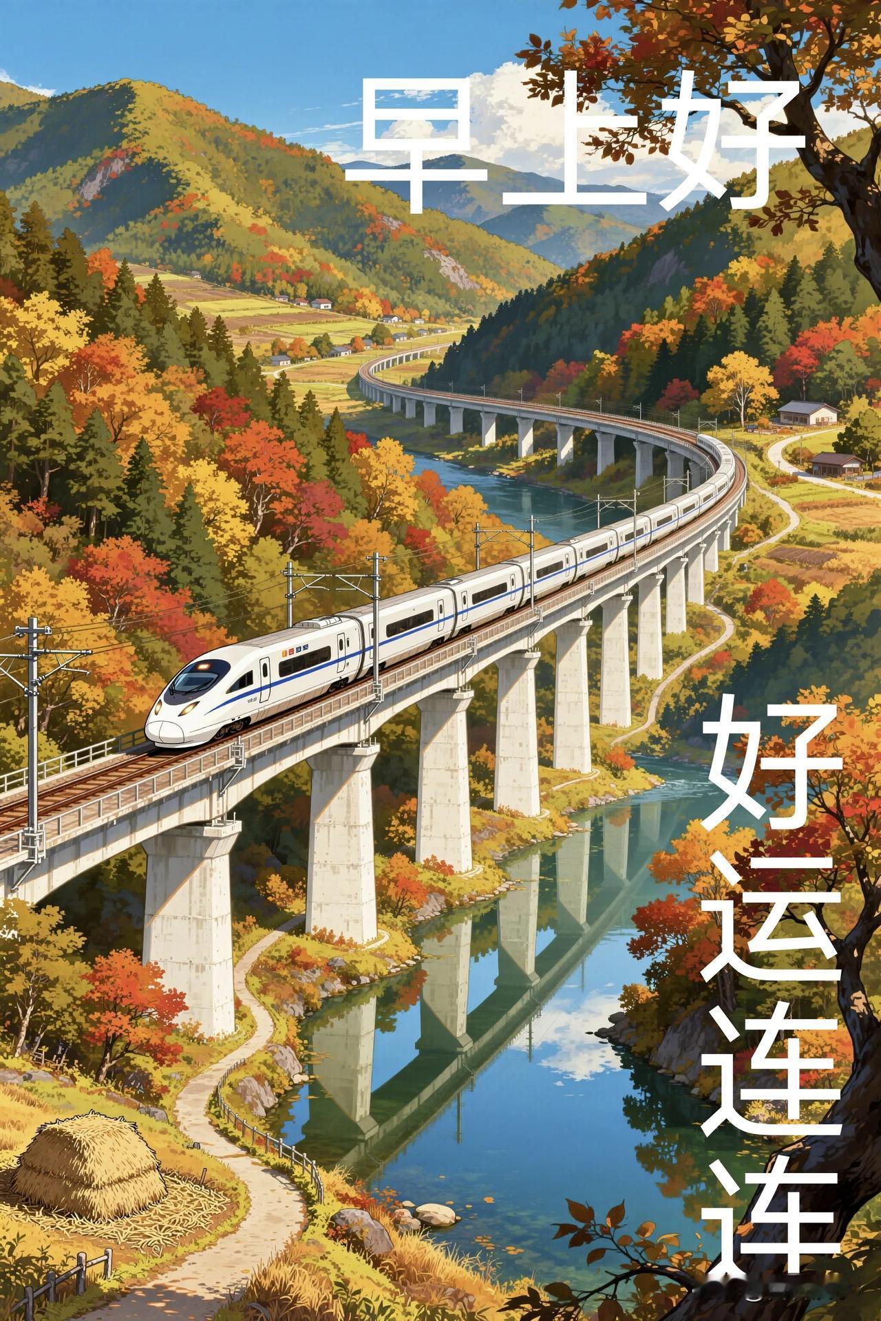秋山如画，列车向前，早安！愿好运连连，一路坦途。