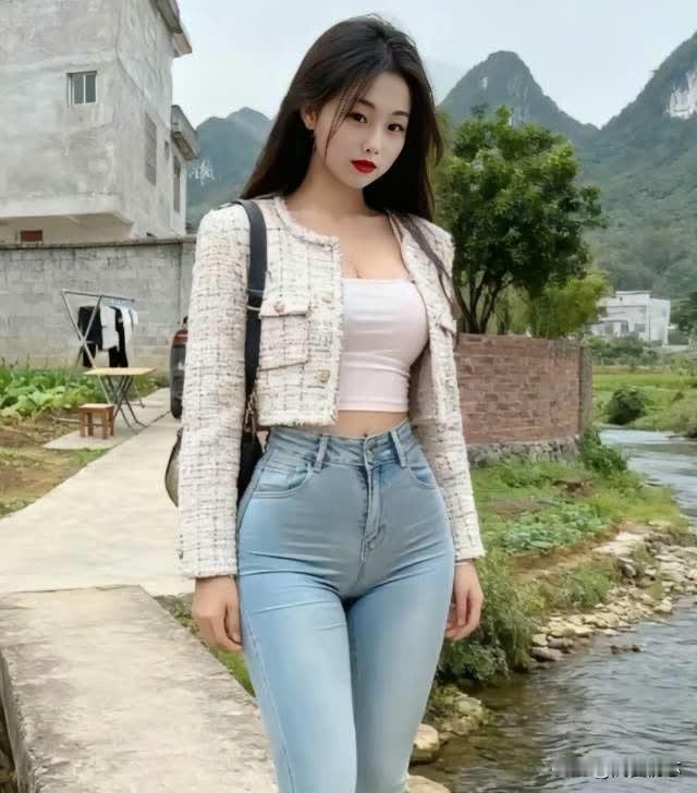 清新自然，时尚穿搭辣妹穿搭 紧身牛仔 显身材