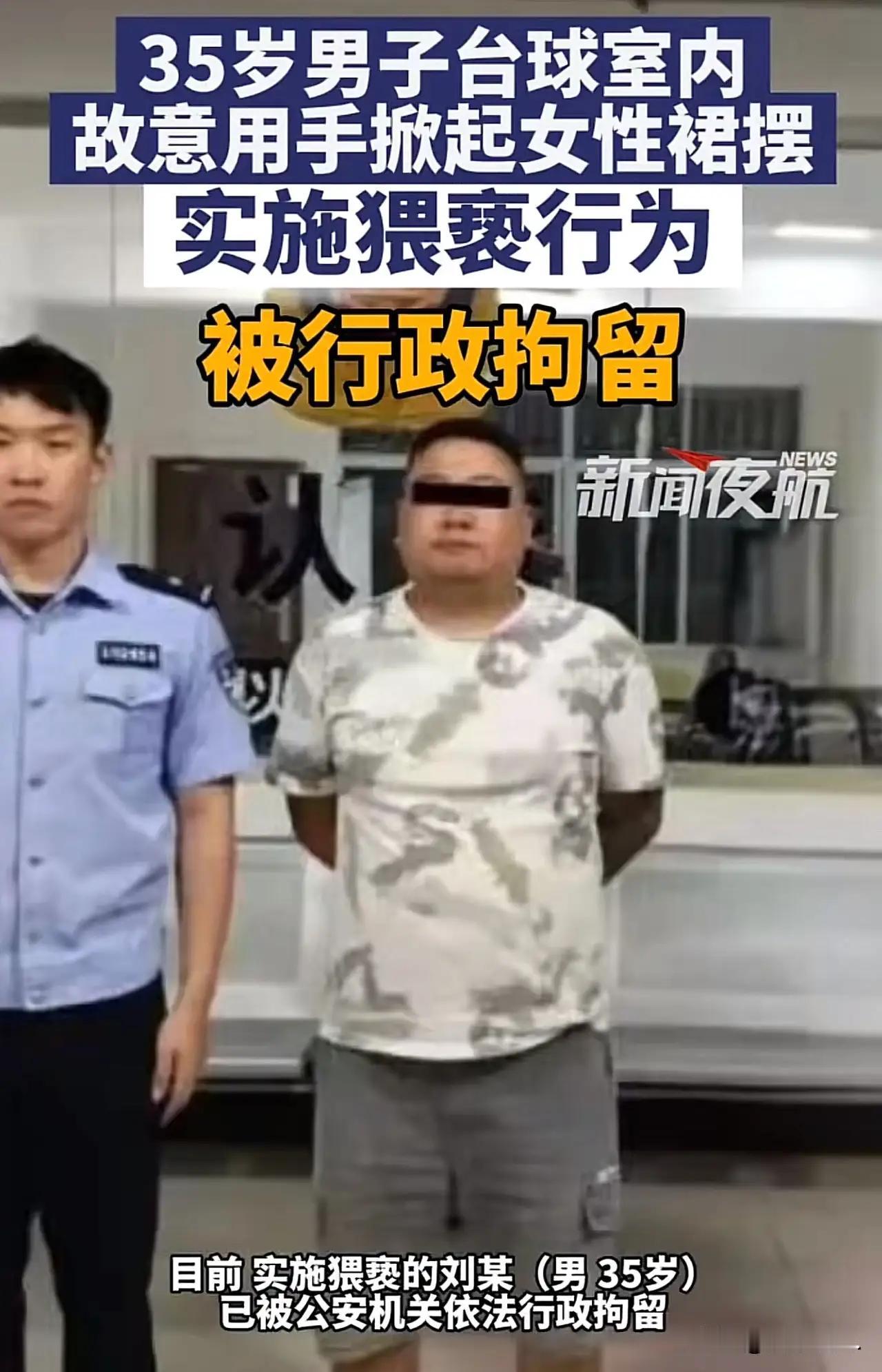 35岁男子刘某在台球厅趁女子不备伸手掀裙猥亵，被群众制止并报警。

案件处理结果