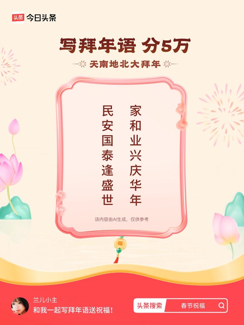 写拜年语送祝福新春拜年送祝福！我的祝福是：“民安国泰逢盛世，家和业兴庆华年”！快