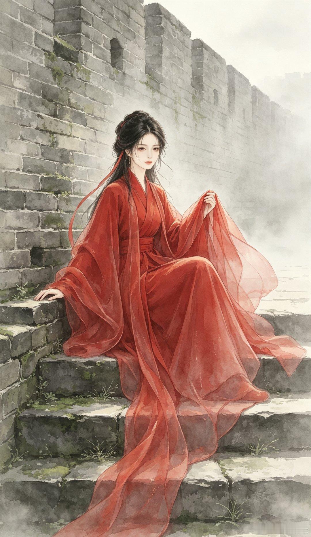 万里长城红衣少女古风壁纸 