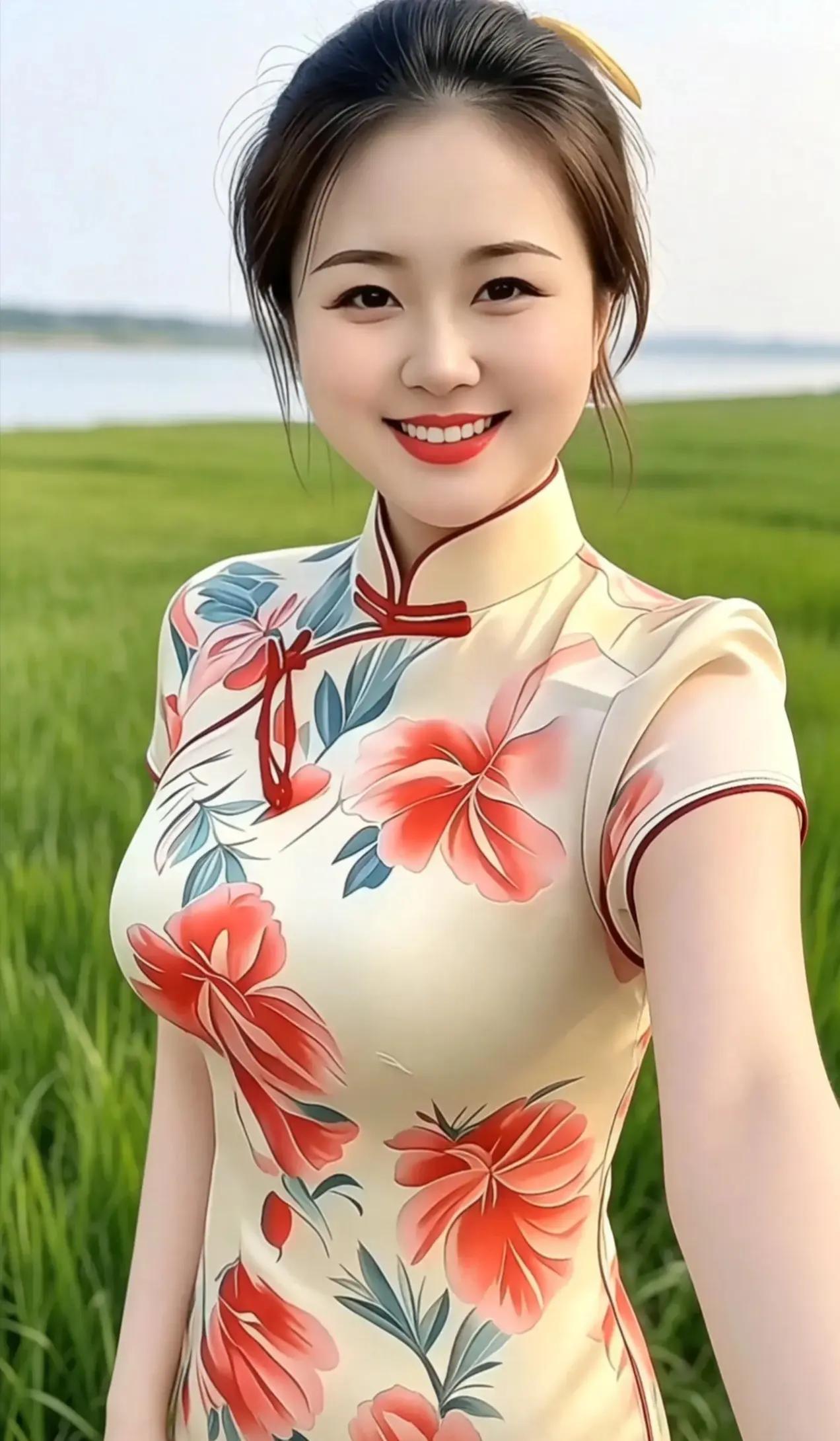 🌾西江月🌾
 
旷野芳茵铺翠，
远波淡映长天。
旗袍染彩立芳田，
一抹春风温