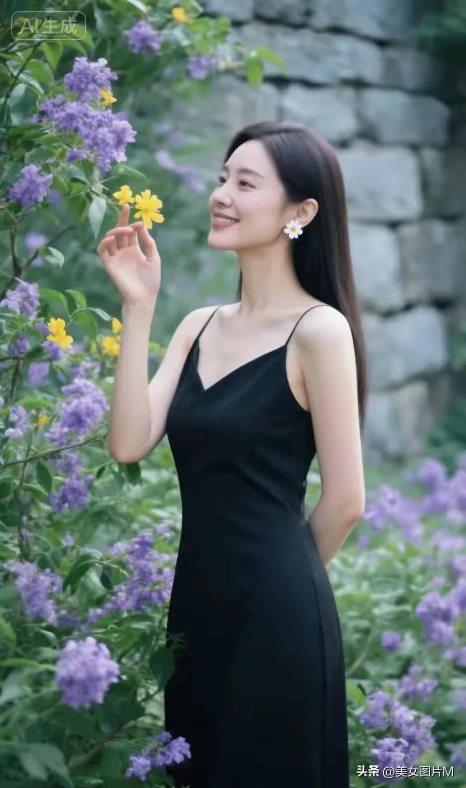 嫣然一笑百媚生，
吊带裙装显风情。
青丝如瀑随风舞。
眸若秋水映繁星。