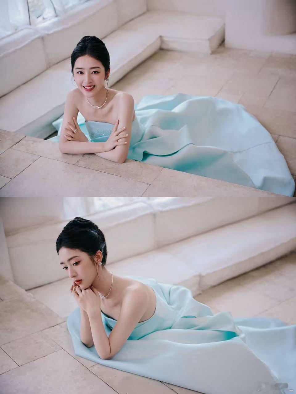邓恩熙好温柔的美 国剧盛典天青色抹胸裙太绝！眉眼舒展温婉动人，简约妆发衬出雅致气