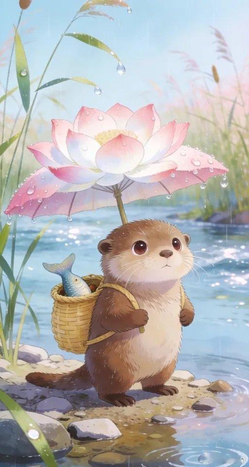 雨中花瓣伞游玩小动物呆萌壁纸～🌻ུ☔ུ🌿ུ🌷ུ💧᭄ུ✨ུ 