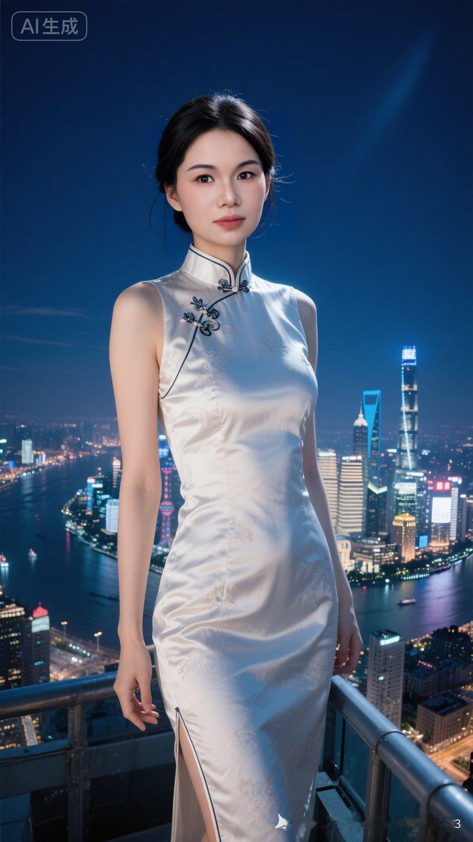 都市夜景下的优雅旗袍美人，尽显东方韵味！