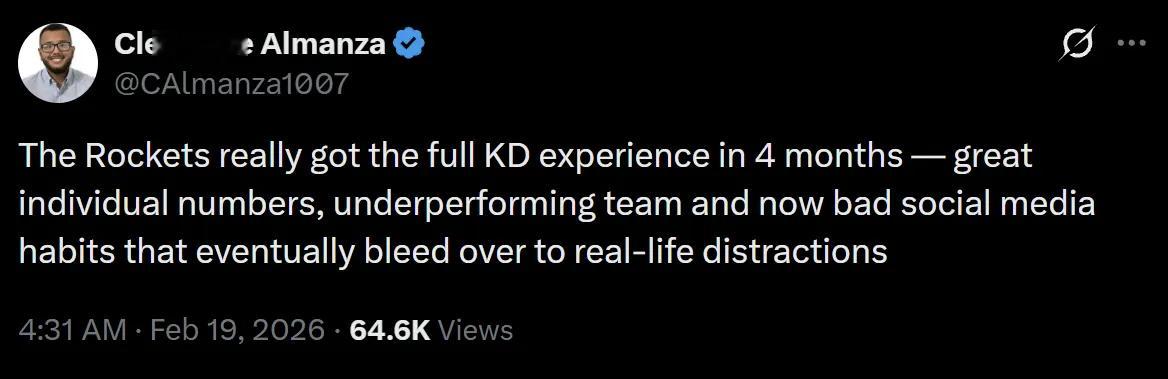 杜兰特近期因为“小号”事件再次被推上舆论的风口浪尖，记者CA锐评：火箭队在短短4