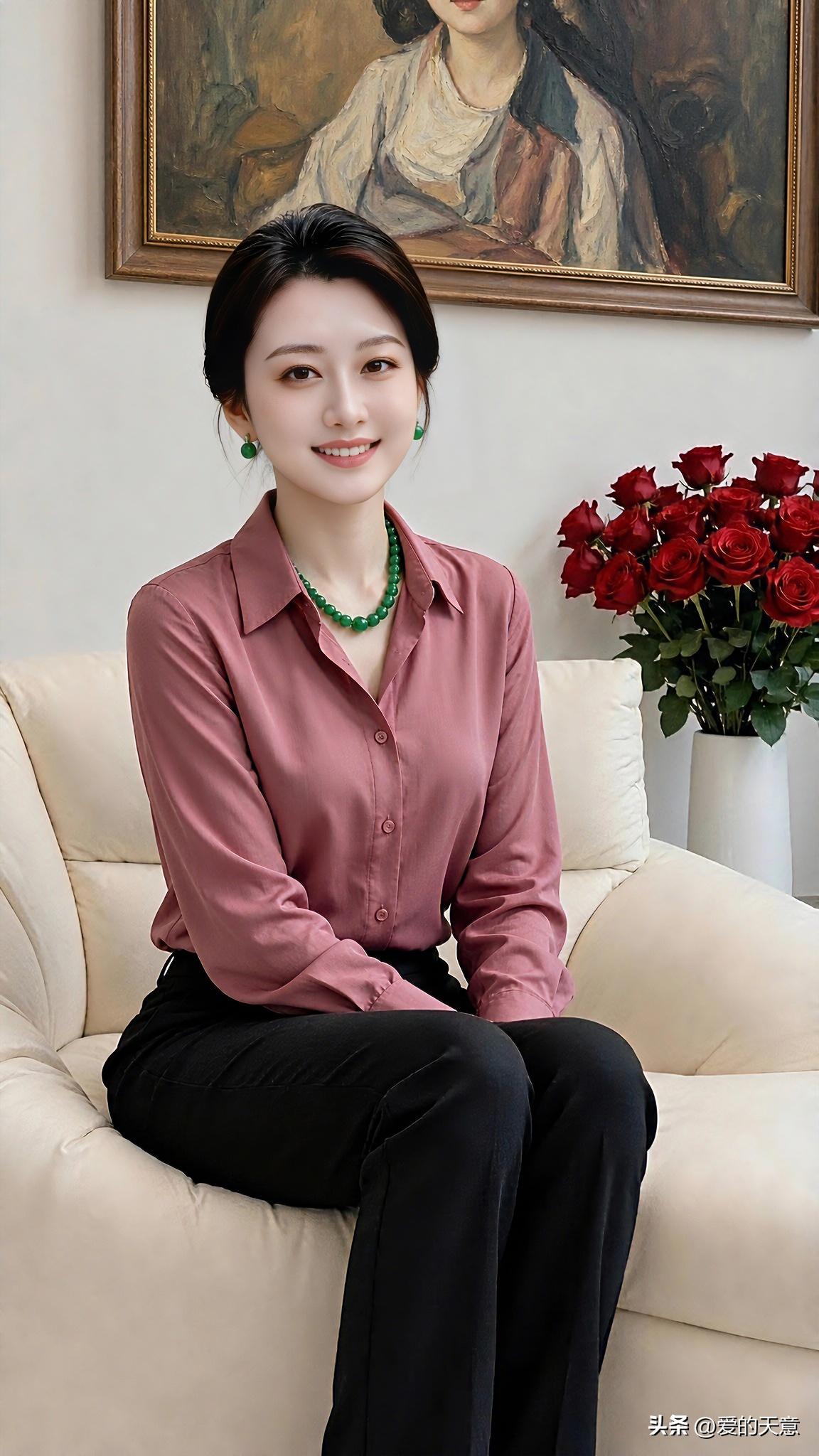 坐在温柔的居家空间里，一身简约衬衫搭配黑裤，雅致大方。不必刻意装扮，从容平和的状
