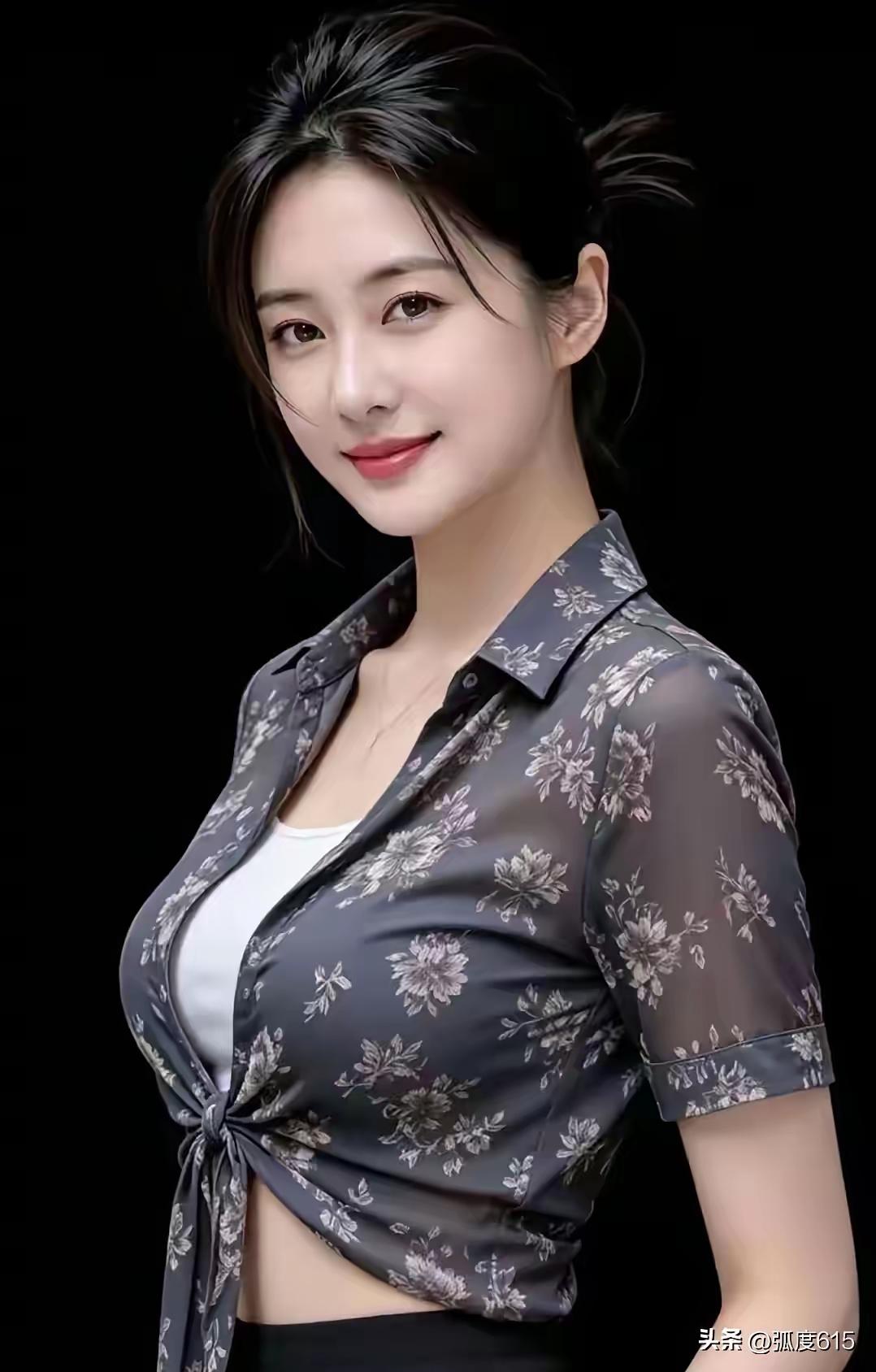 这位小姐姐穿着花衬衫，微笑甜美。