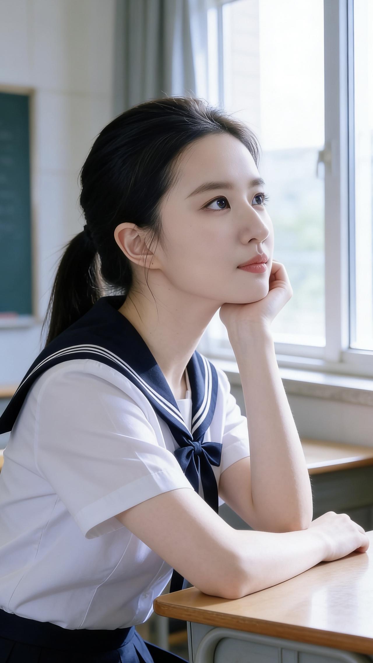 她穿着一套清爽的水手服，白衬衫配藏青领襟，三道细白纹路点缀领口…
少女感白衬衣 