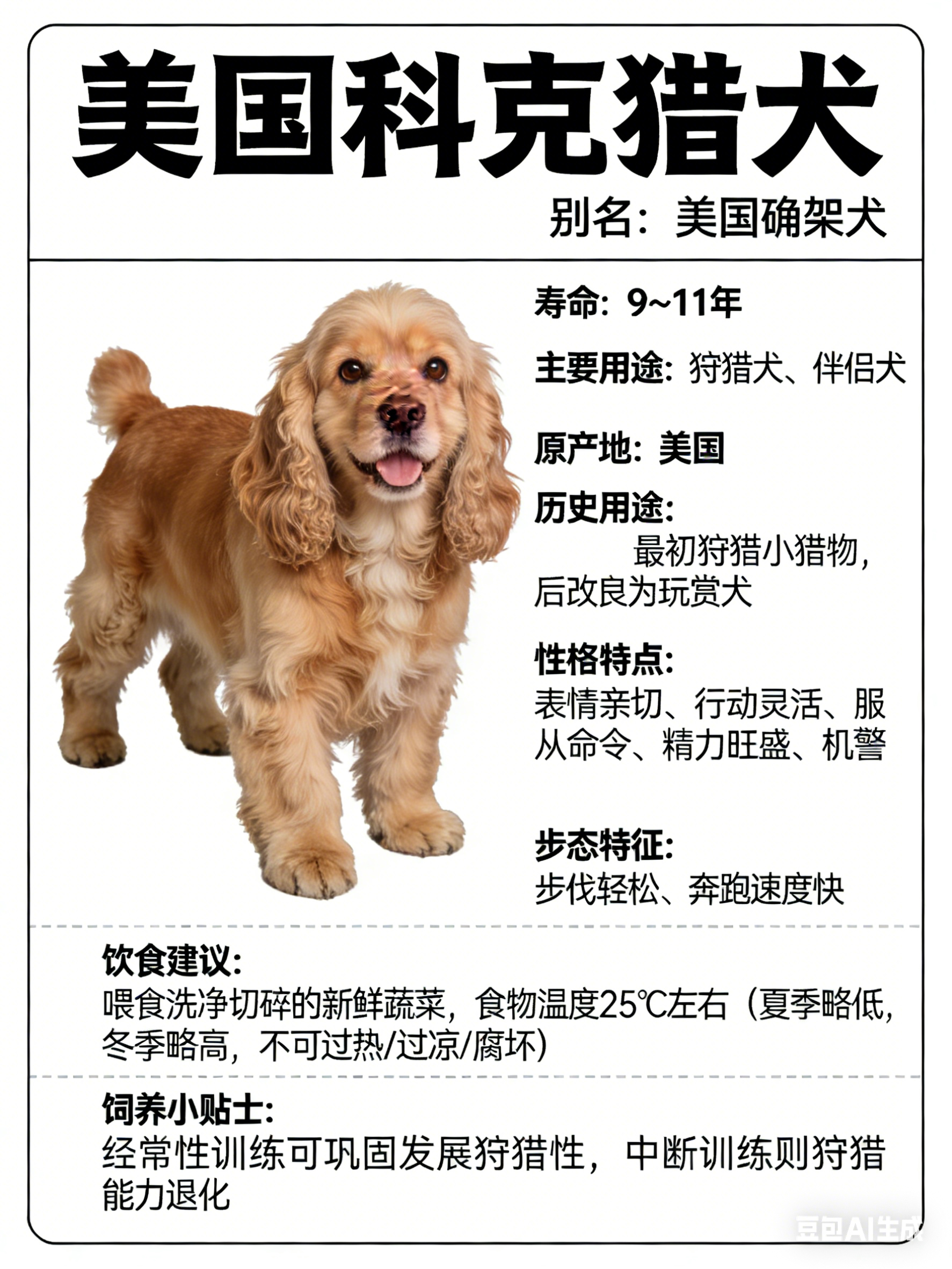 我AI的动物 美国科克猎犬别名：美国确架犬寿命：9～11年主要用途：狩猎犬、伴侣