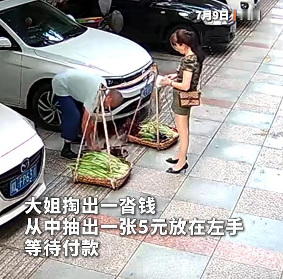 要不是有监控，大姐损失就大了，大姐路边买菜错把2000当5元，卖菜大爷却坚称只看