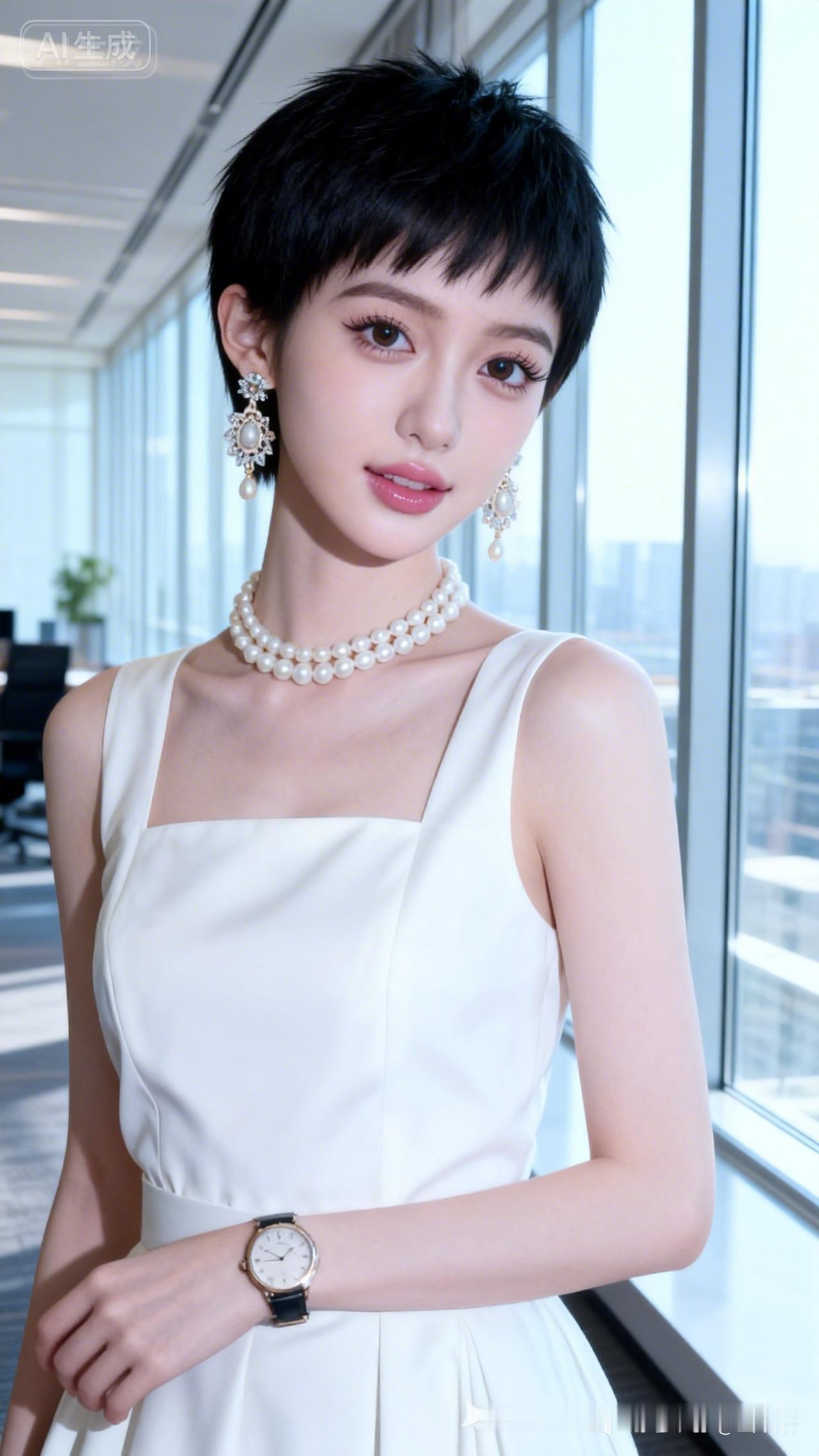 现代少女利落黑色超短碎发，大眼双眼皮睫毛纤长。冷白肌肤细腻通透，精致妆容搭配耳饰