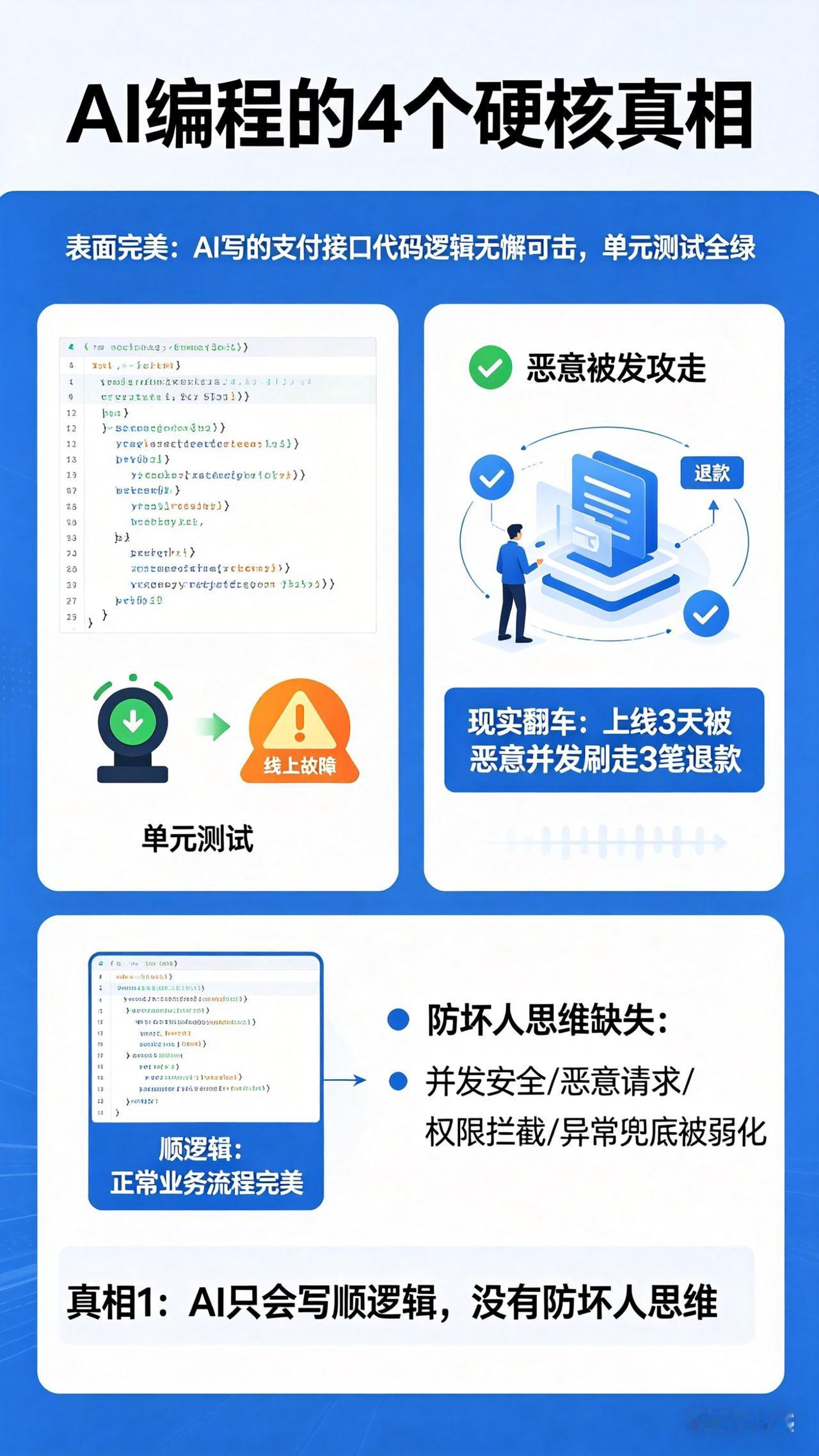 上周帮同事复盘一段AI 写的支付接口代码
表面逻辑滴水不漏，单元测试全部绿灯
谁