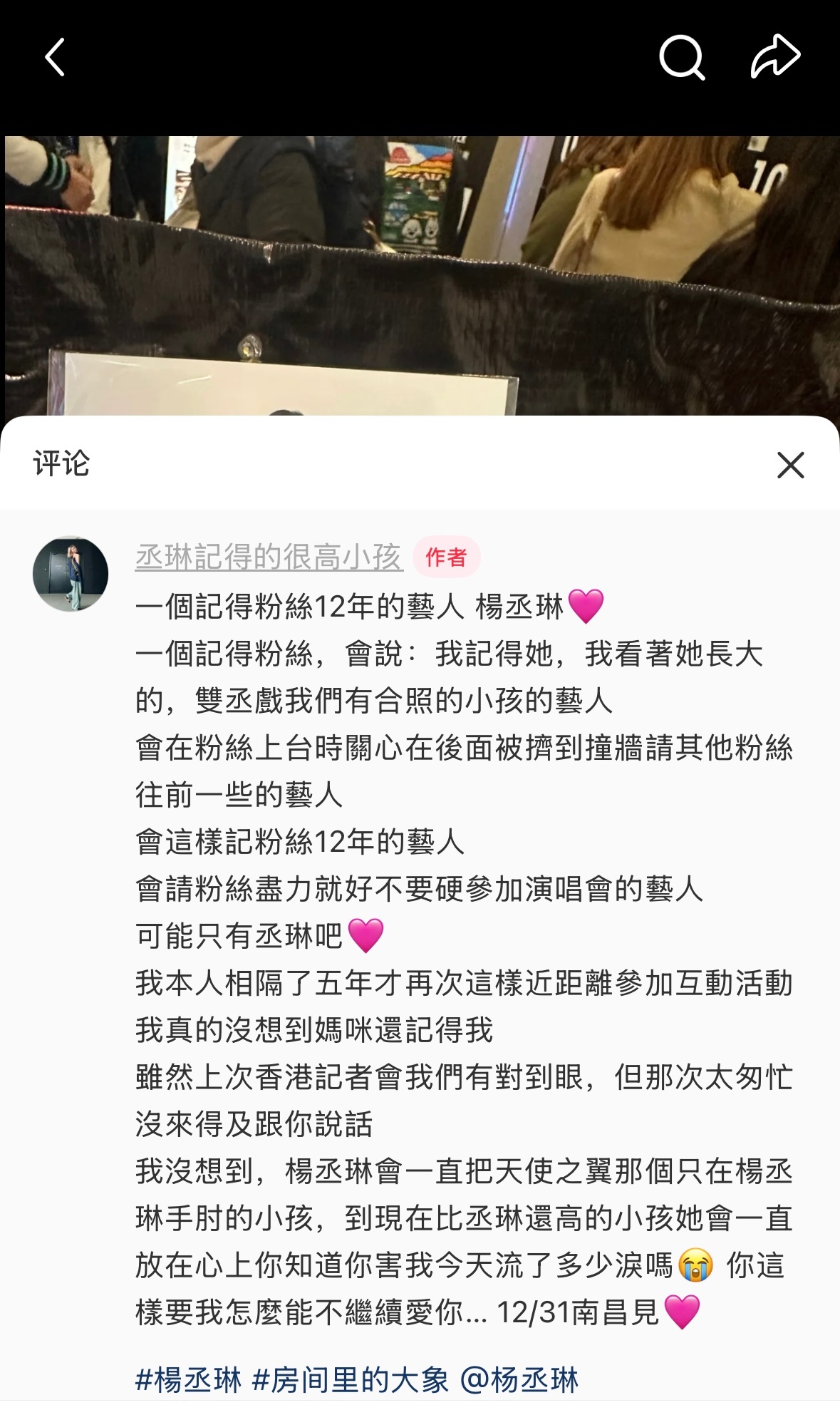 转一个今天参加杨丞琳台北见面会的粉丝的感受：「一个记得粉丝十二年的艺人——杨丞琳