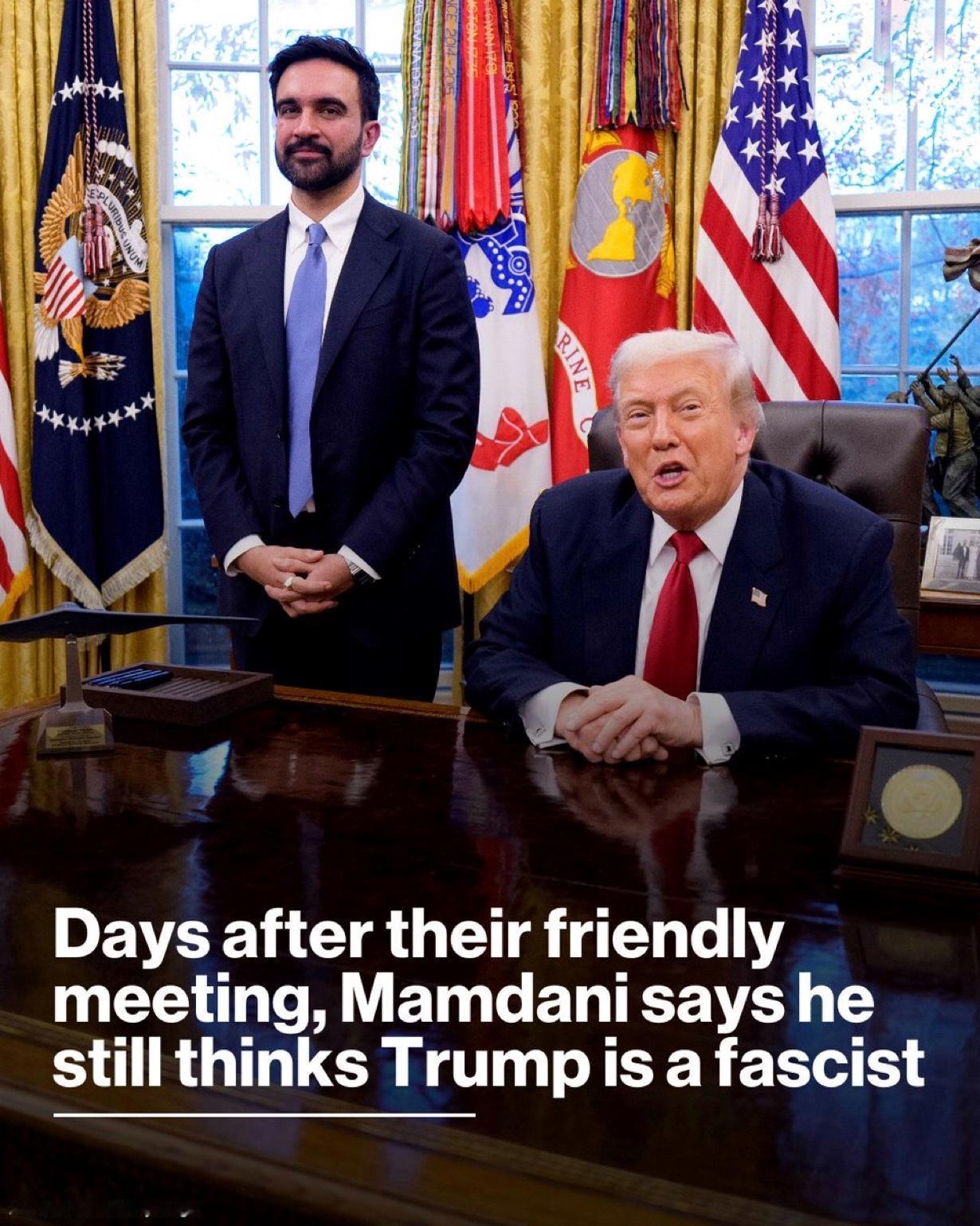 就在二天前与特朗普总统在椭圆形办公室友好会面后，纽约市当选市长佐兰·马姆达尼周日