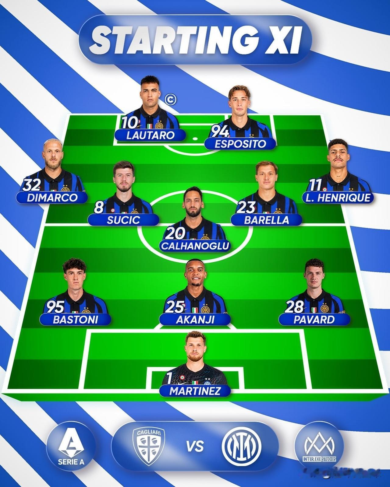 国际米兰客场挑战卡利亚里，本场首发阵容出炉！主力门将何塞普-马丁内斯，后防线是巴