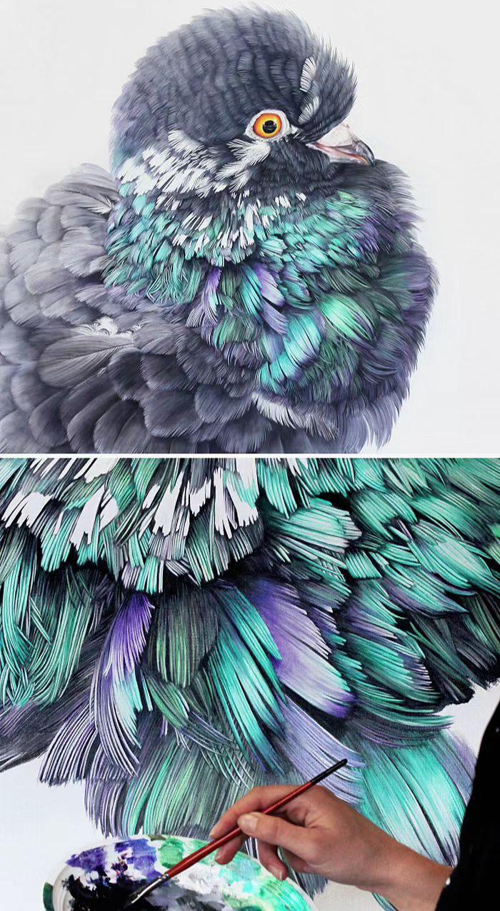 🎨笔尖游走处，墨色生羽翼。
每根羽毛都是凝固的风，
斑斓里藏着对自由的温柔描摹