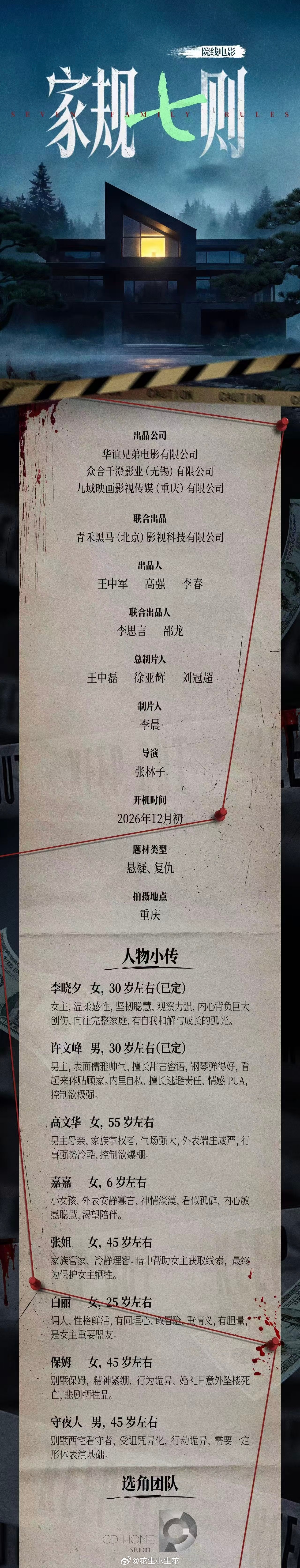 电影《家规七则》组讯导演：张林子《月半爱丽丝》出品：华谊兄弟、众合千澄题材：高概