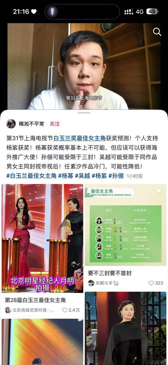 有一个影视深度爱好者博主预测的白玉兰视后获奖概率杨幂: 0%评价:演技超过了以前