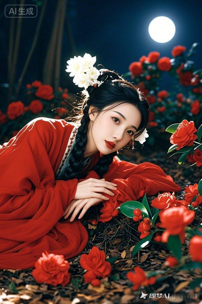一位美女在花丛中，月光下格外迷人。