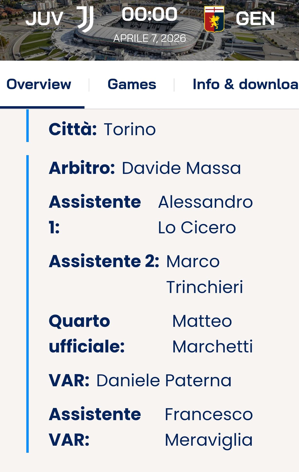 第31轮下周二0点斑马军团主场迎战热那亚。
主裁判:马萨
var裁判:达尼埃莱·