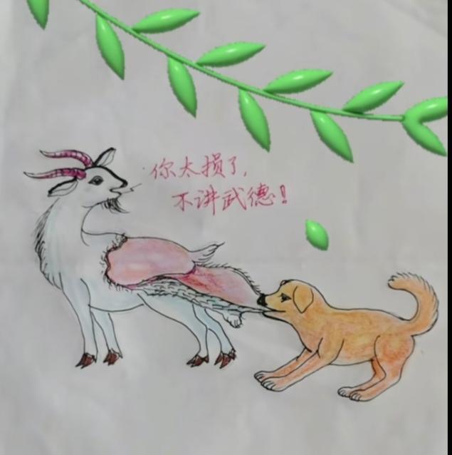 图中画面真给力，一个小狗扯羊皮。胆大包天真厉害。哈哈原来动物和动物之间也有矛盾呀