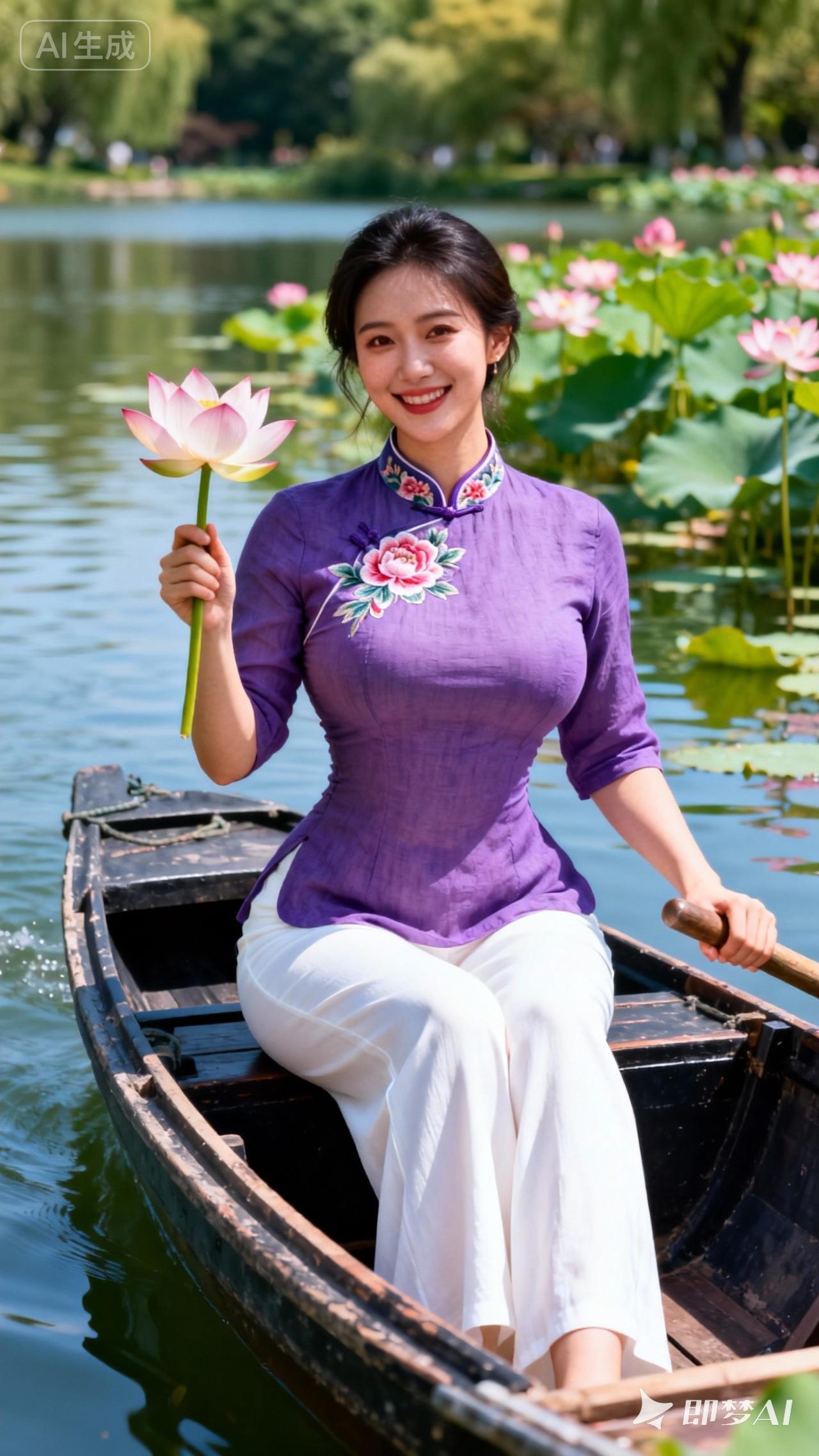 “轻舟荡漾水，笑语入荷香”，这画面想想就美。
在碧波荡漾处，轻舟悠悠前行，船桨划