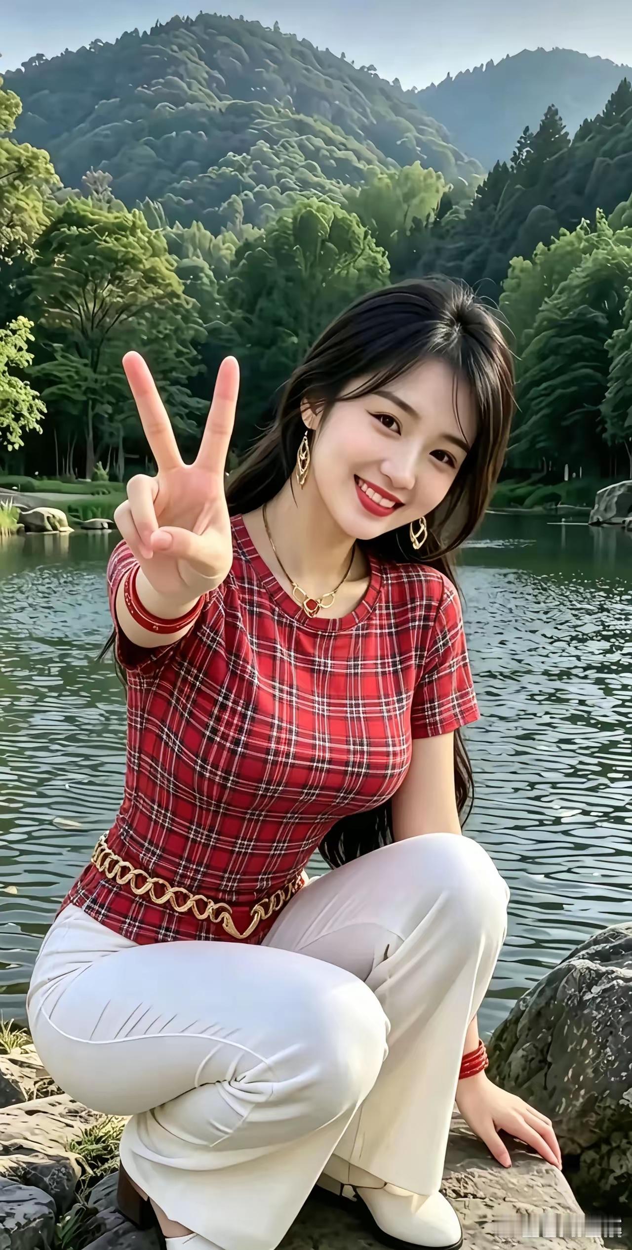一个女孩在湖边比出V字手势。