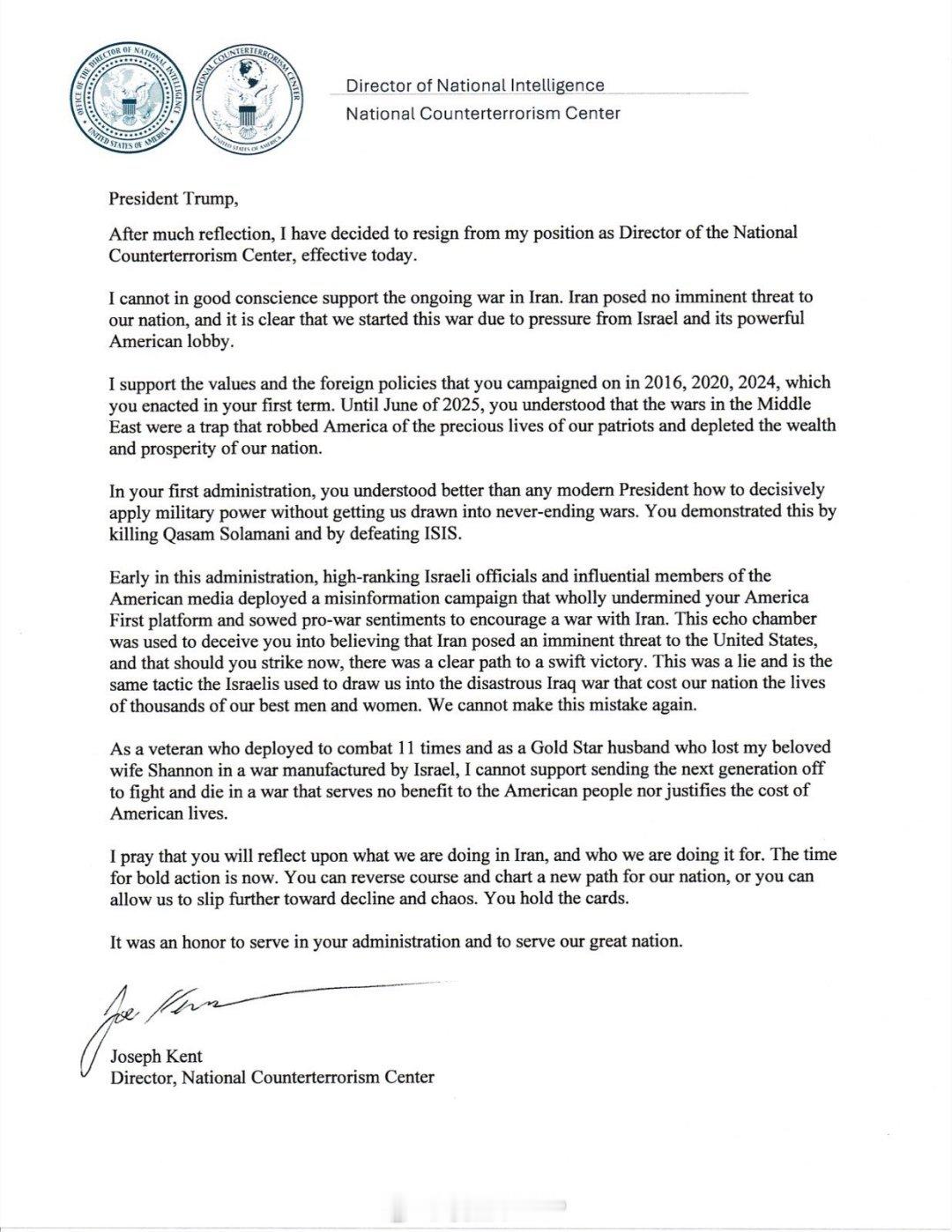 美国反恐中心主任因不满伊战宣布辞职伊朗对美国并未构成紧迫的威胁美国国家反恐中心主