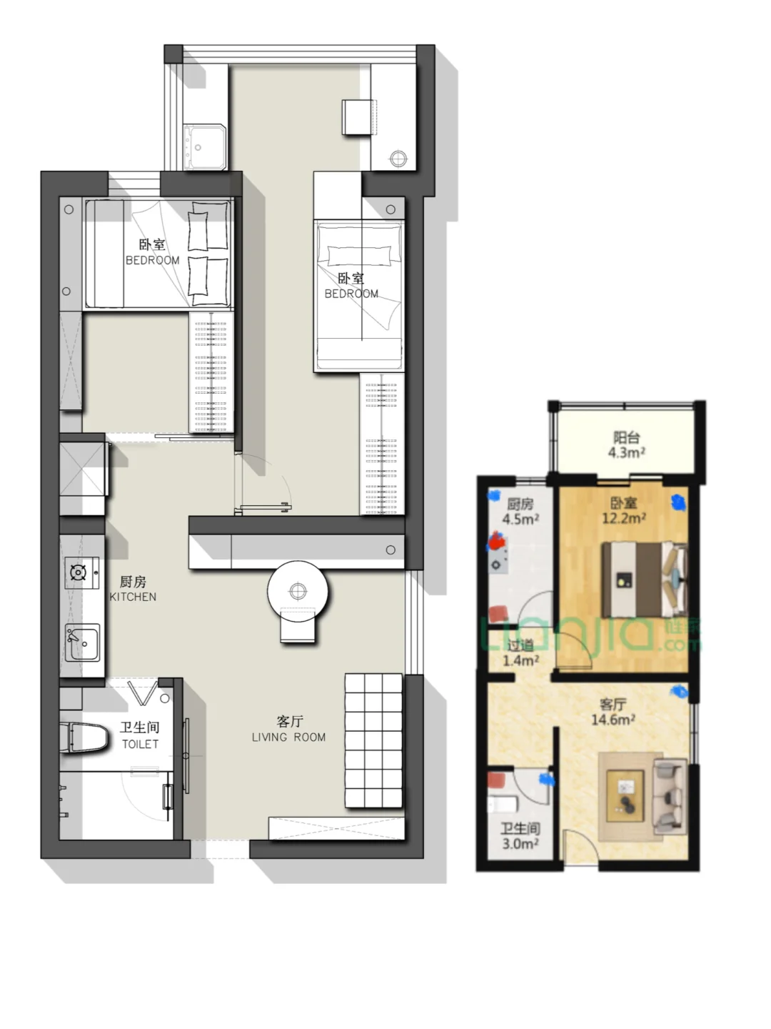 户型优化/小户型两居室平面方案设计