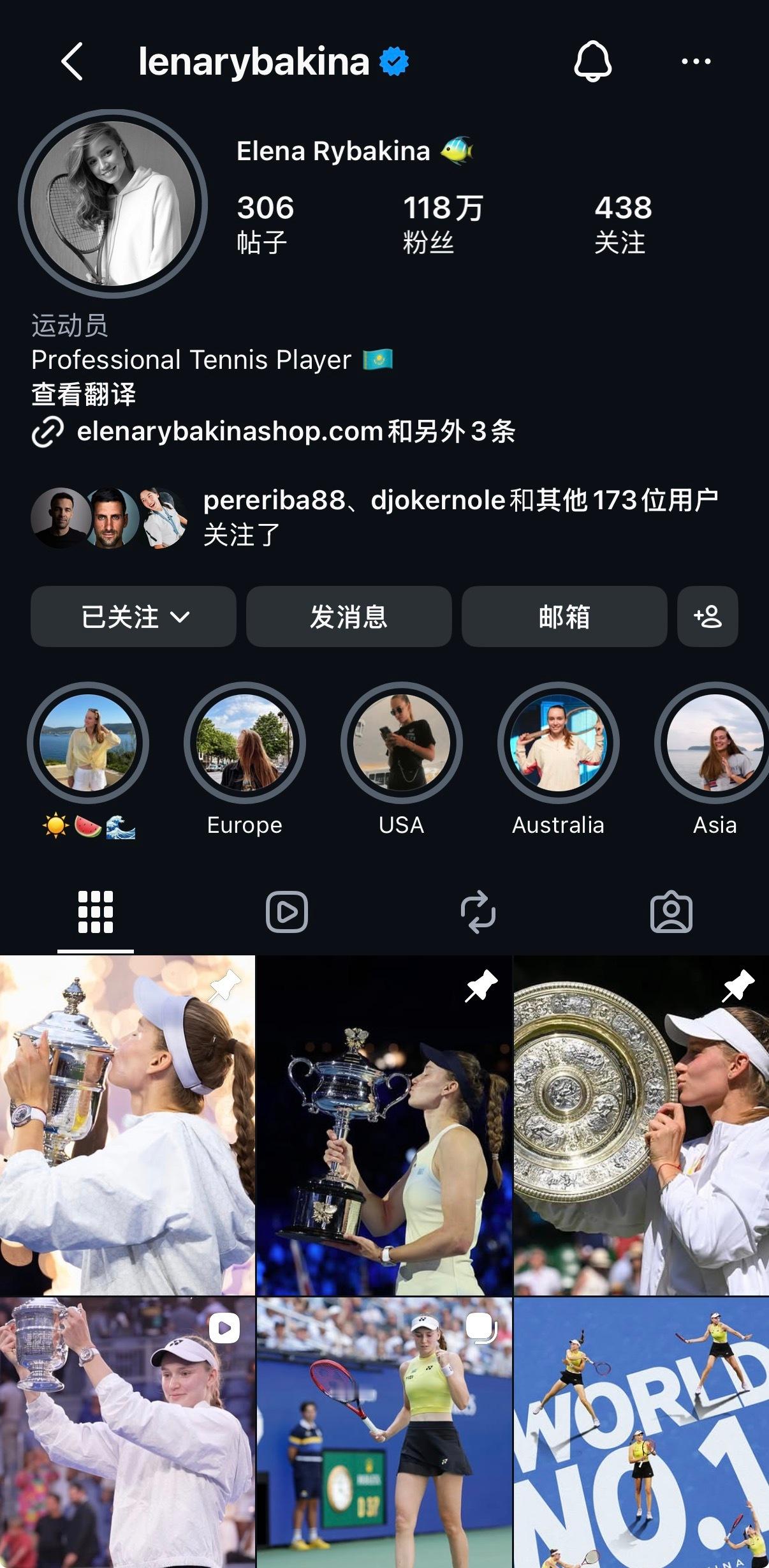 这可能是所有职业球员梦寐以求的ins主页排版🏆🏆🏆1⃣️莱巴金娜美网冠军莱