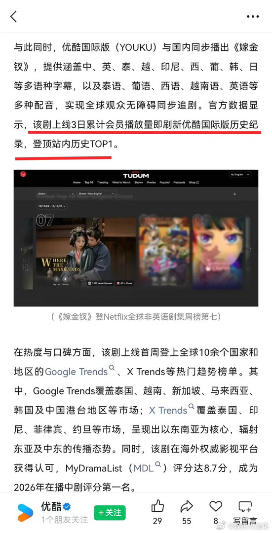 田曦薇嫁金钗真的播的不错吧？刷新优酷国际版历史记录，登顶站内历史TOP1🔝[泪